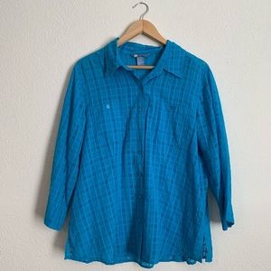 Blue Square Textured Button Down Blouse Size XL